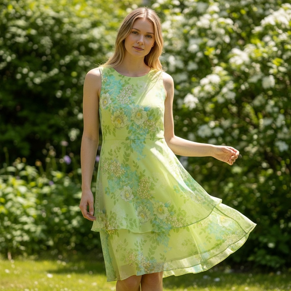Studio I Women's Lime Green Floral Chiffon Tiered Midi Dress Size 8 Sleeveless